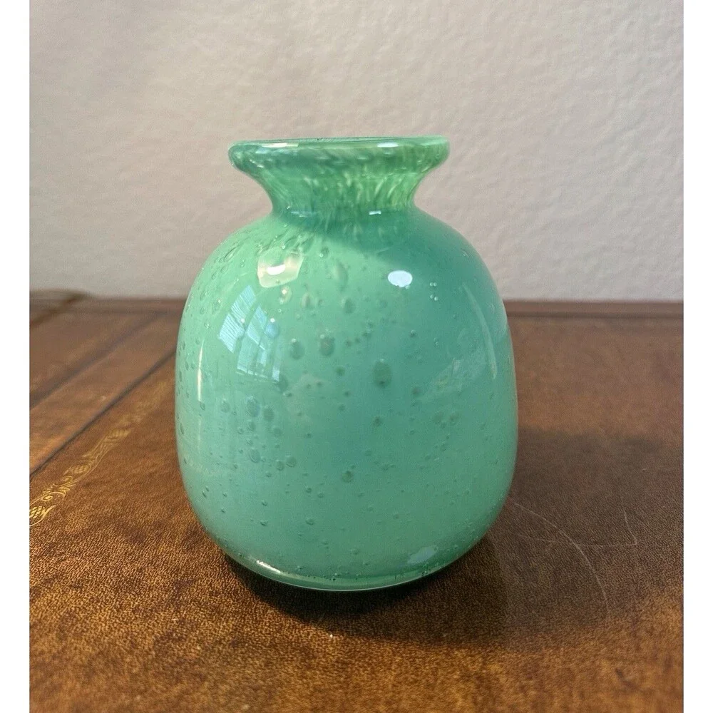 Aqua Mini Bud Vase Hand Blown Art Glass Controlled Bubbles 4.5” T NWT